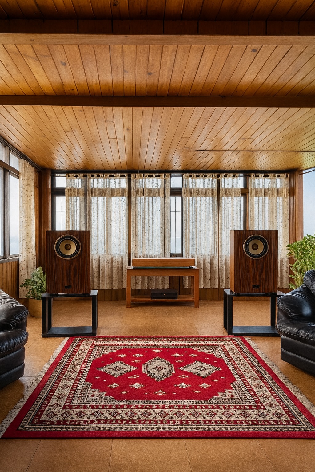 Listening room with speakers and seating, tuned for jazz listening